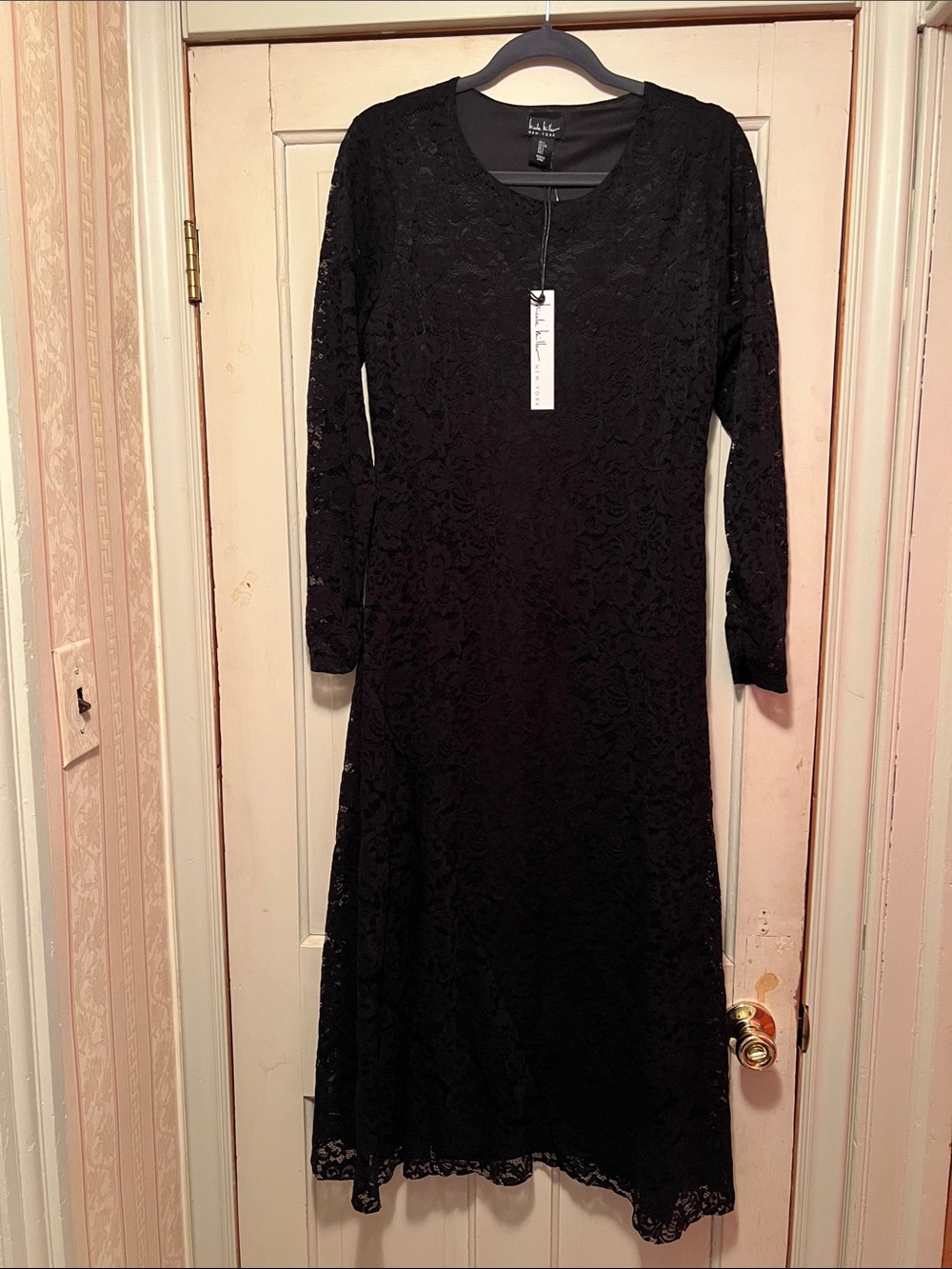 Nicole Miller Black Lace Long-Sleeve Midi Dress